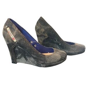 NWOB Diesel Women's Pigalle Denim Wedge Slip On Shoe Platfrom Grey Size 7.5